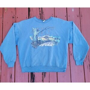 Vintage 90s Grandma Sweatshirt Sweater Green Fall Scene Christmas Holiday Cozy